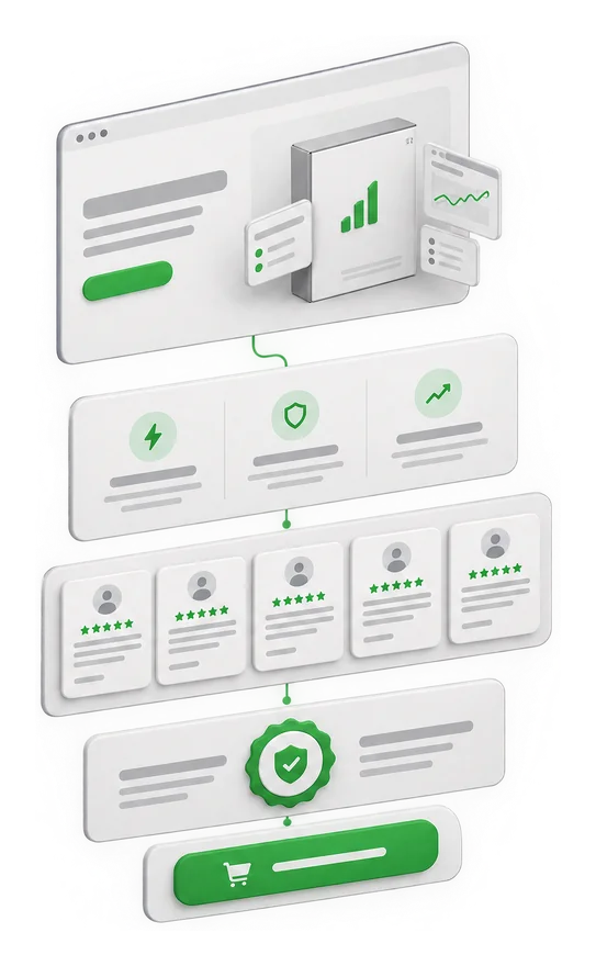 Illustration of a long-form sales page with reviews, guarantee and buy button