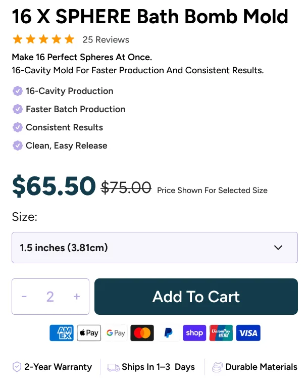 Conversion-focused product buy box with price, size, quantity and payment icons