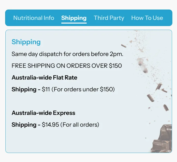 Tabbed product information with nutrition, shipping, testing and how to use