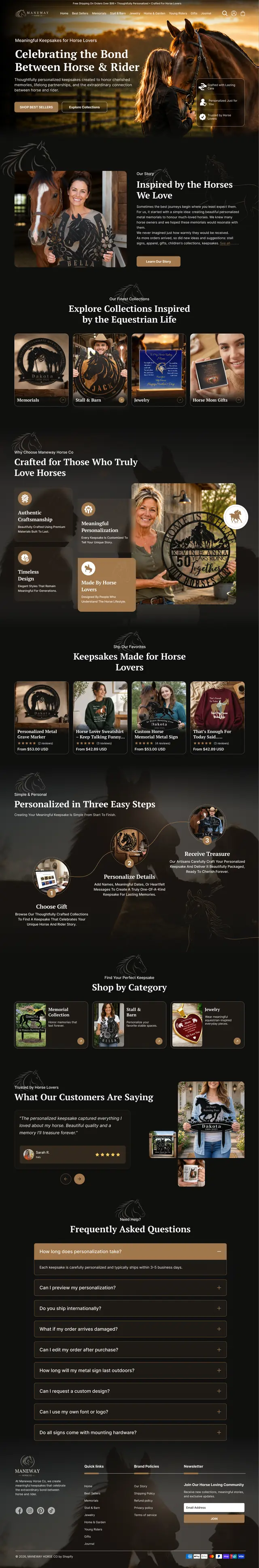 Homepage design for a personalised equestrian keepsakes store
